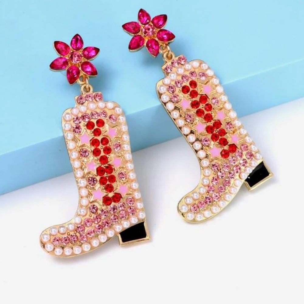 ❤️❤️ FREE Cowboy Boots Boho Peasant Rhinestone Rock Nashville Art Chic Earrings